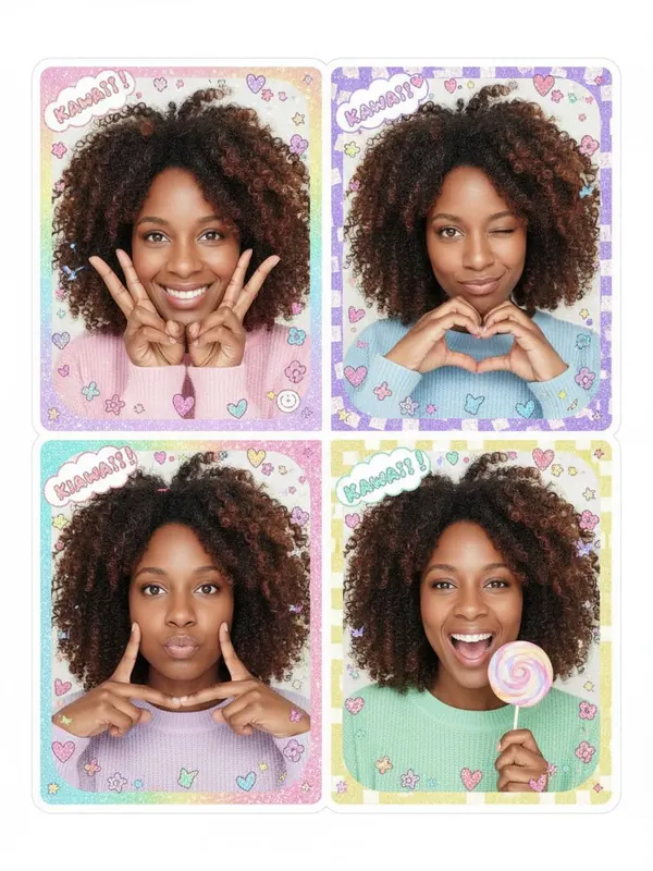 Output: Purikura — AI-generated model, woman, early 30s