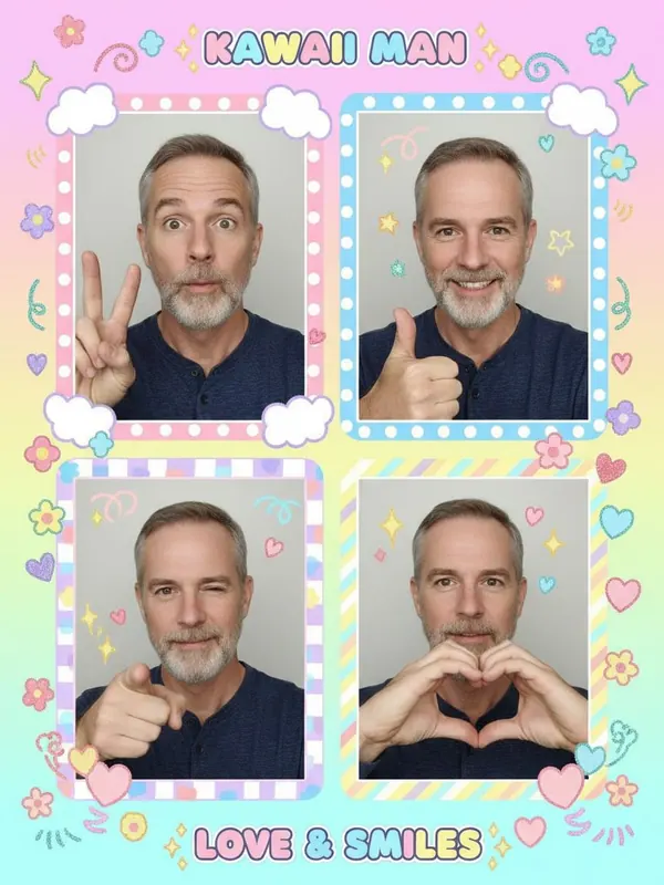 Output: Purikura — AI-generated model, man, mid-50s