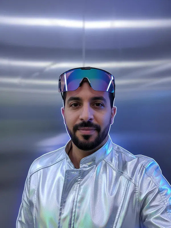 Output: Chrome Cyber — AI-generated model, man, late 30s