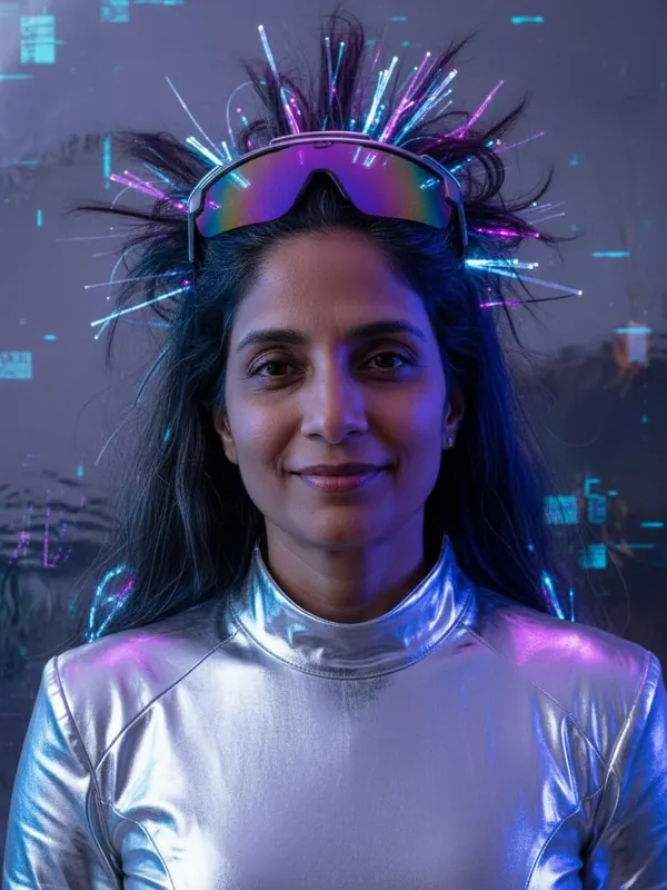 Output: Chrome Cyber — AI-generated model, woman, mid-40s