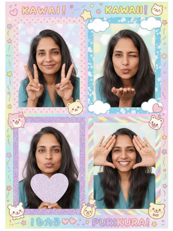 Output: Purikura — AI-generated model, woman, mid-40s